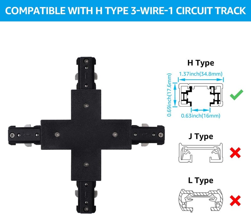 LEONLITE H Track X Connector, Single Circuit 3-Wire-1 Track Lighting Kit, UL Listed, Flame Retardant Material, Black - Image 4